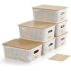 Cute Labeled 5.2qt <b>Small</b> Plastic <b>Storage</b> Bins with Bamboo Lids Stackable Box <b>Basket</b> for Pantry Decorative Organizing - Product Image 1