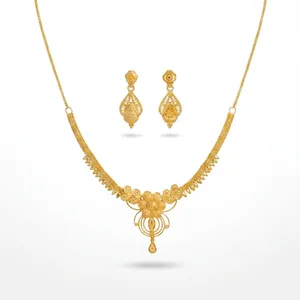 Parure Collier et Boucles d'Oreilles en Laiton Plaqué Or pour Femme, Bijoux Tendance de Mariage, Design Floral, Sertissage à Tension, Chaîne à Maillons - Product Image 2