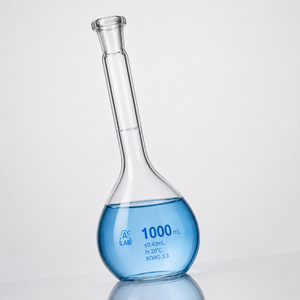 En gros, Instruments ELS, Fiole volumétrique à col long en verre borosilicaté transparent de 1000 ml, avec bouchon en polyéthylène, Norme USP, OEM - Product Image 1