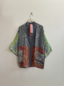 Bata de algodón y fibra de bambú para mujer, estilo patchwork, manga larga, sin cuello, estampada, para estar en casa, ideal para primavera - Product Image 3