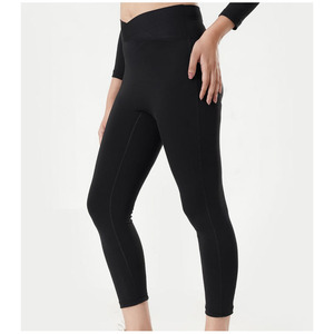 Leggings de yoga taille haute sans couture noir uni longueur mollet en Spandex et Nylon avec taille élastique pour femme - Product Image 5