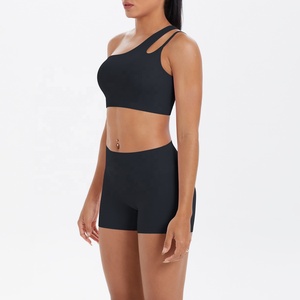 Seamless black yoga set Crisscross straps high waist shorts Breathable activewear women Scoop neck yoga outfit - Product Image 1