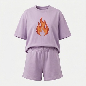 Women's Lavender <b>Flame</b> Print 2 Piece Shorts Set Short Sleeve T <b>Shirt</b> and Above Knee Shorts Casual Loose Fit Spring Summer Wear - Product Image 1