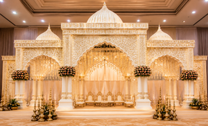 Grand Mandap de mariage moderne en or blanc, style sud-indien, en fibre de verre, léger, taille personnalisable, design sculpté, Royaume-Uni - Product Image 2