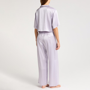 Custom Elegant Silk <b>Crop</b> Top Sleepwear Lapel Neck Sublimation Print Luxury Satin <b>Pajama</b> Set Flared <b>Pajamas</b> Woman's Set - Product Image 2