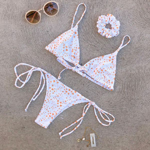 Women Solid Color <b>Bikini</b> Set Crop Top <b>Thong</b> Bottom With Logo Print Stretch Swimwear Two Piece Beachwear - Product Image 5