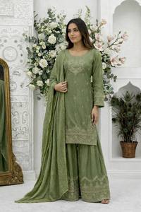 Ensemble Kurta traditionnel indien pakistanais vert pour femmes avec dupatta, tenue ethnique ample, toutes saisons, en coton - Product Image 2