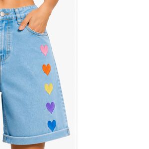 <b>Light</b> Blue <b>Rainbow</b> Heart Embroidered Women Denim Shorts High Waist Casual Loose Fit Rolled Hem Cotton Summer Fashion Jeans Short - Product Image 4