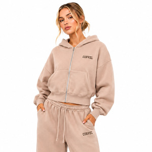 Custom Heavyweight Cotton Fleece <b>Cropped</b> Zip Hoodies Tracksuit Oversized Wide Leg <b>Joggers</b> Drop Shoulder Sweat Set OEM Production - Product Image 5