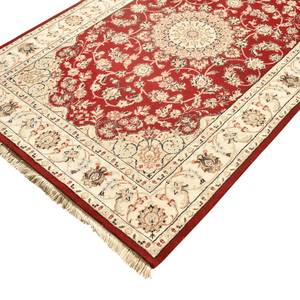 Tapis oriental fin à motifs floraux noué à la main en laine rouge multicolore 10'x14' à poils ras avec envers en coton pour salon - Product Image 6