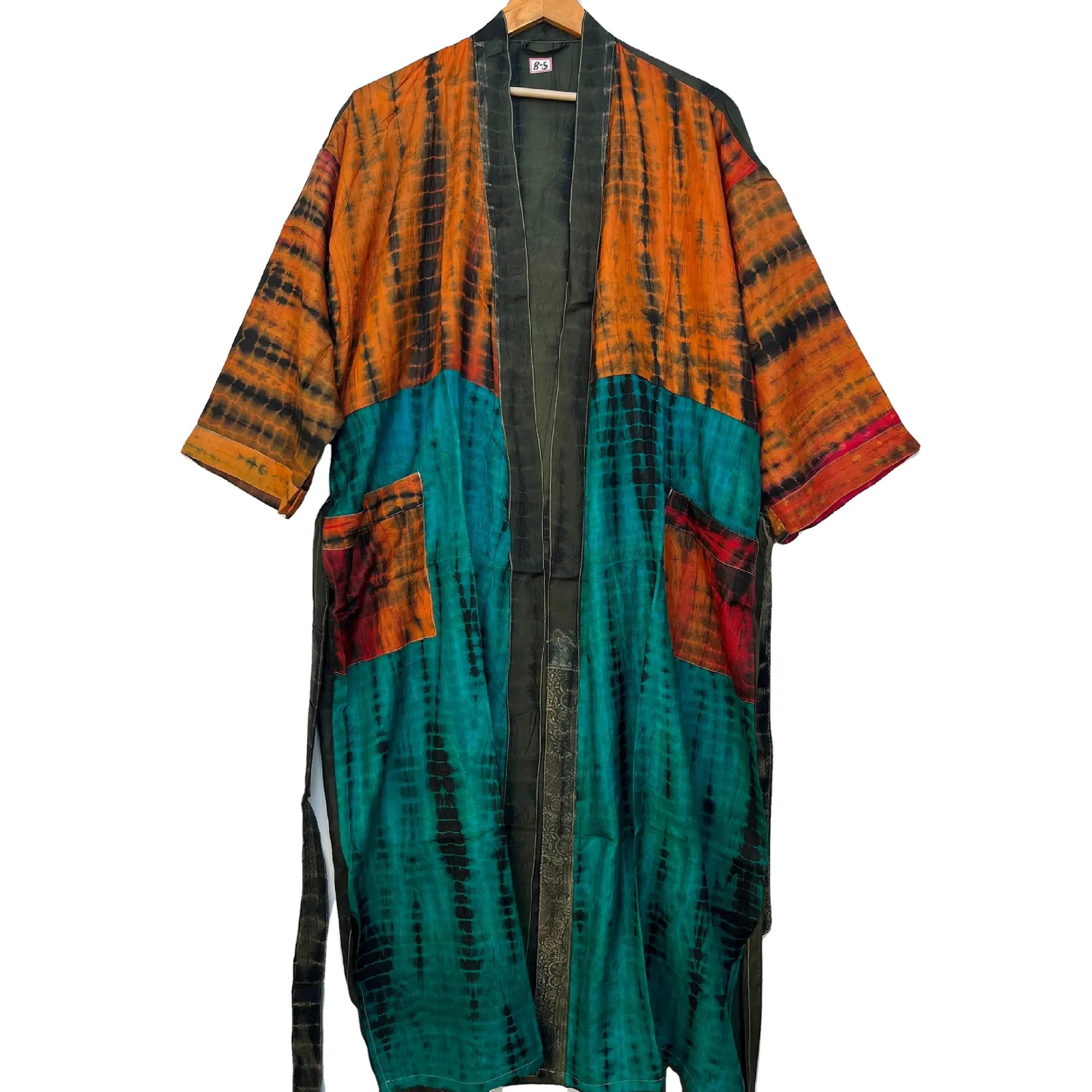 Beautiful Handmade Tie Dye Silk Sari Robe Indian Vintage Kimono Summer Wear Dress Bridal Dressing Gown