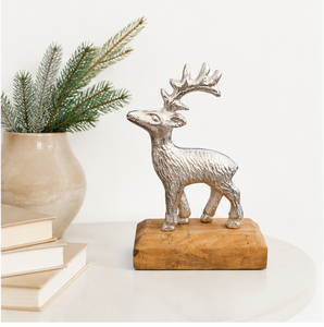 Elegant Silver Aluminum Reindeer Figurine Statue With Natural Mango Wood Base Modern Handcrafted Stag Sculpture For <b>Christmas</b> - Product Image 2