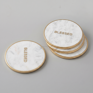 Peace White Marble Coasters Set of 4 Real Natural Stone Luxury Modern Aesthetic Eco-Friendly Semi Absorbent 100mm Diameter - Product Image 4