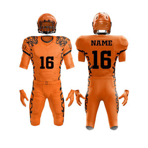 Customized Men's <b>Orange</b> American Football Uniform Full Heat-Transfer Jersey Pants Set Moisture Wicking Fitted 100% Polyester - Product Image 6