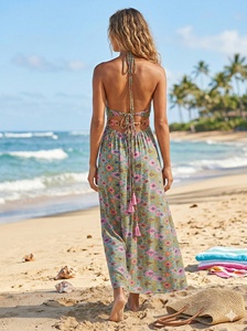 Taille Unique Y2K Bohème Naturel Soie Tissée Indienne Coupe Trapèze Maxi Imprimé Géométrique Coréen Été Col V Sans Manches Fentes Printemps Doux - Product Image 4