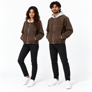 Blouson bomber unisexe en velours côtelé à capuche avec fermeture éclair, couleur unie, style décontracté, saison automne, coupe classique, doublure en coton - Product Image 4