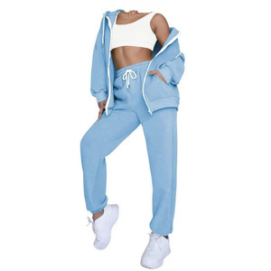 Ensemble de survêtement pour femme bleu clair à capuche, veste zippée à manches longues et pantalon, couleur unie, coupe ample, respirant, 100 % coton, idéal pour l'automne - Product Image 6