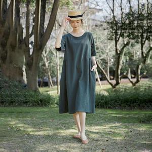 Robe mi-longue en coton et lin vert foncé pour femmes, manches courtes, coupe ample, confortable, décontractée, robe d'été - Product Image 1