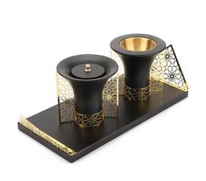 Ensemble cadeau brûleur d'encens moderne en métal noir et or, avec plateau géométrique arabesque, brûleur d'oud Mabkhara en laiton avec couvercle et pot de rangement pour la décoration intérieure - Product Image 1