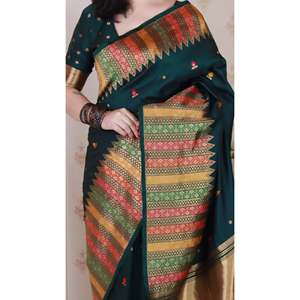 Sari de Seda Suave Verde Botella Elite Weaves con Bordado Meenakari y Zari, con Borde de Templo, Vestidos Elegantes de Noche, 650g - Product Image 5