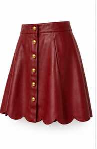 <b>Women's</b> Burgundy <b>Leather</b> High Waist A-Line Mini <b>Skirt</b> With Gold Buttons - Product Image 6