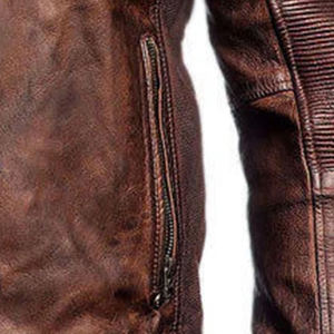 Men's Genuine Leather Motorcycle Jacket Stand Collar Zipper Closure Moto Style Autumn Slim Fit Brown - Product Image 3