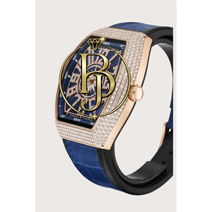 Montre analogique de luxe pour homme, mouvement à quartz Shanghai, boîtier rectangulaire, incrusté de diamants, bracelet en cuir bleu or rose, boîtier en métal - Product Image 2
