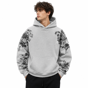 Sweat à capuche oversize gris à manches florales pour homme, en polaire OEM, style streetwear, vente en gros personnalisée B2B pour le marché américain - Product Image 1