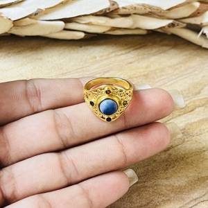 Premium Look <b>Lapis</b> <b>Lazuli</b> <b>Rings</b> Boho Brass <b>Rings</b> Women 18k Gold Plated Filigree Shield Cocktail Jewelry For Wholesale/OEM/ODM - Product Image 2