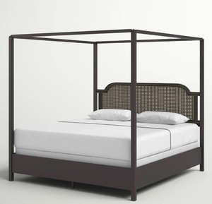 Modern Wooden Canopy <b>Bed</b> <b>Frame</b> King Size Upholstered <b>Rattan</b> Headboard Black and Natural Bedroom Furniture - Product Image 3