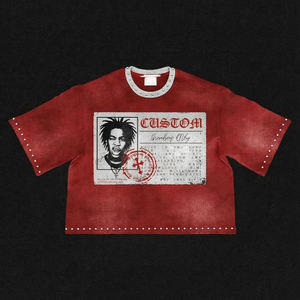 T-shirt personnalisé pour <span class=keywords><strong>homme</strong></span> à col côtelé, style streetwear, coupe ample, avec strass, haut oversize en coton, motif graphique, effet délavé vintage - Product Image 2