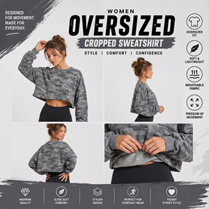 Sweat-shirt court imprimé camouflage pour femme, style décontracté, manches longues, coupe oversize, en molleton French Terry - Product Image 4