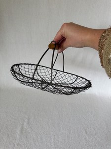 Vintage Wire Basket with Wooden Handle, Rustic Farmhouse <b>Egg</b> Basket, Metal Mesh Gathering Basket, Cottage Kitchen <b>Storage</b> Decor - Product Image 2