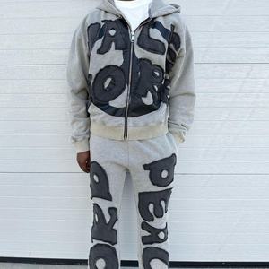 Ensemble deux pièces en coton délavé à l'acide vieilli personnalisé Pantalon de survêtement évasé pour hommes Survêtements à capuche imprimés décontractés d'hiver Vêtements d'extérieur - Product Image 5