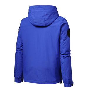 Men's Blue Hooded Windbreaker <b>Jacket</b> Quarter-Zip <b>Waterproof</b> Winter Coat with <b>Red</b> Sleeve Patch Casual Outdoor Wear Quick Dry - Product Image 2