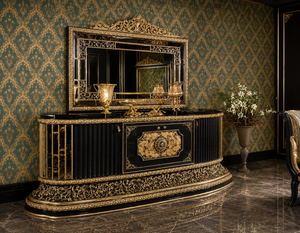 Majestic Baroque Style <b>Console</b> <b>Table</b> Set with Hand-Carved <b>Gold</b> Leaf High End Cream <b>Gold</b> <b>Console</b> Cabinet Premium Home Furniture - Product Image 4