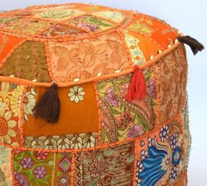 Round Bohemian Patchwork <b>Pouf</b> Handcrafted Fabric Ottoman Orange Multicolor Design Living Room Decor - Product Image 2