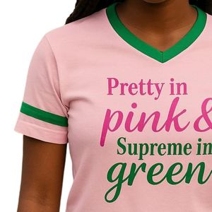 Camiseta de Manga Corta con Cuello en V, Color Rosa y Verde, Estilo Casual, Ropa Griega para Mujer, Cómoda, Marca Pretty in Pink Supreme - Product Image 4