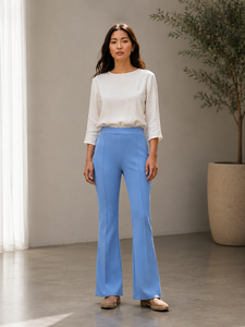 Pantalones de Satén de Pierna Recta y Cintura Alta para Mujer, Color Azul Sólido, Estilo Minimalista, Largos, Antiarrugas, para Uso Casual - Product Image 3