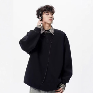 Men's Oversized <b>Navy</b> Blue Pullover Sweatshirt With Plaid Collar And Cuffs Casual <b>Knitted</b> Long Sleeve Winter Wear Sweatshirt - Product Image 3