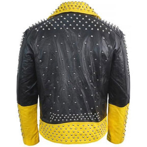 Men's Black Yellow Two Tone Real Leather <b>Punk</b> <b>Jacket</b> Silver Spiked Studded Gothic Biker Heavy Metal Outerwear - Product Image 5