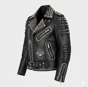 Blouson de moto en cuir noir pour homme, style punk, avec fermeture éclair cloutée, col rabattable et ceinture. - Product Image 4