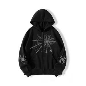 <b>Trendy</b> Rhinestone Spider Print Zip-Up <b>Hoodie</b> with Custom Front Logo-Unisex Regular Fit 100% Cotton Heavyweight Terry Fleece - Product Image 1