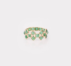 Natural Green Emerald Double-<b>Row</b> Statement Ring in Solid 18K Yellow Gold – Wide Geometric Bezel Set Band Luxury May Birthstone - Product Image 1
