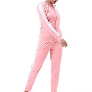 Ensemble de survêtement rose à capuche pour femme, manches longues, couleur unie, tenue décontractée avec poches latérales, fermeture éclair sur le devant, respirant, polyester et coton - Product Image 2