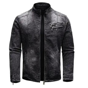 Veste en jean bleue pour homme, col montant, fermeture éclair, style décontracté, coupe ajustée, vêtement d'automne, doublure en coton - Product Image 2