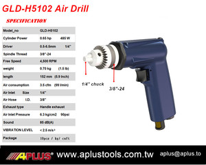 Perceuse pneumatique APLUS GLD-H5102, 4 500 tr/min, 0,65 CV, filetage de broche 3/8-24, mandrin 1/4, type à engrenages, poids 0,7 kg, application aéronautique - Product Image 2