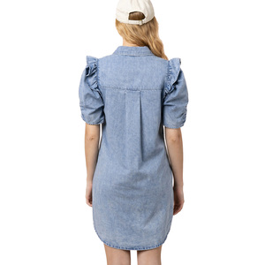 [veryjkor] VERY J - NOUVEAUTÉ - Robe chemise mini délavée effet minéral pour femme, en jean, à manches à volants, décontractée, courte, style vêtement d'extérieur en jean - Product Image 3