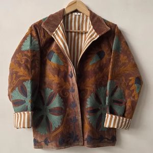 Wholesale Suzani Quilted <b>Jacket</b> Women Silk <b>Velvet</b> Embroidered Breathable Eco-Friendly Floral Stand Collar Open Front Boho Kimono - Product Image 3