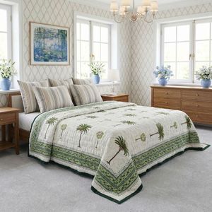 Couette en coton imprimée à la main, taille double, motif palmier, style bohème, réversible, bordure verte, prix de gros - Product Image 3